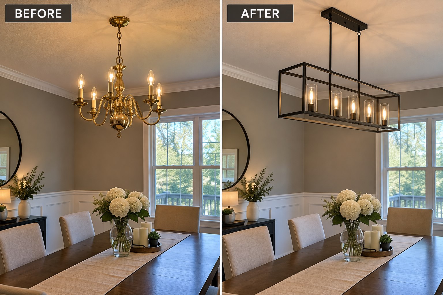 Before and after of a dining room chandelier replaced with a modern fixture