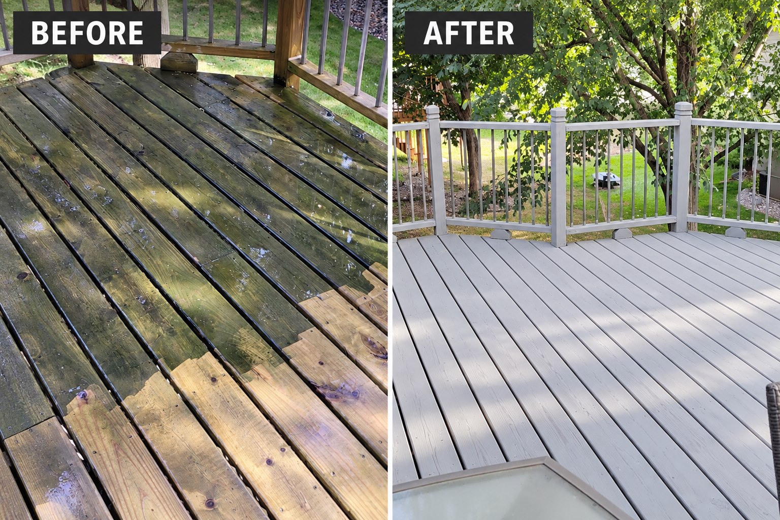 Before and after of a weathered deck refinished