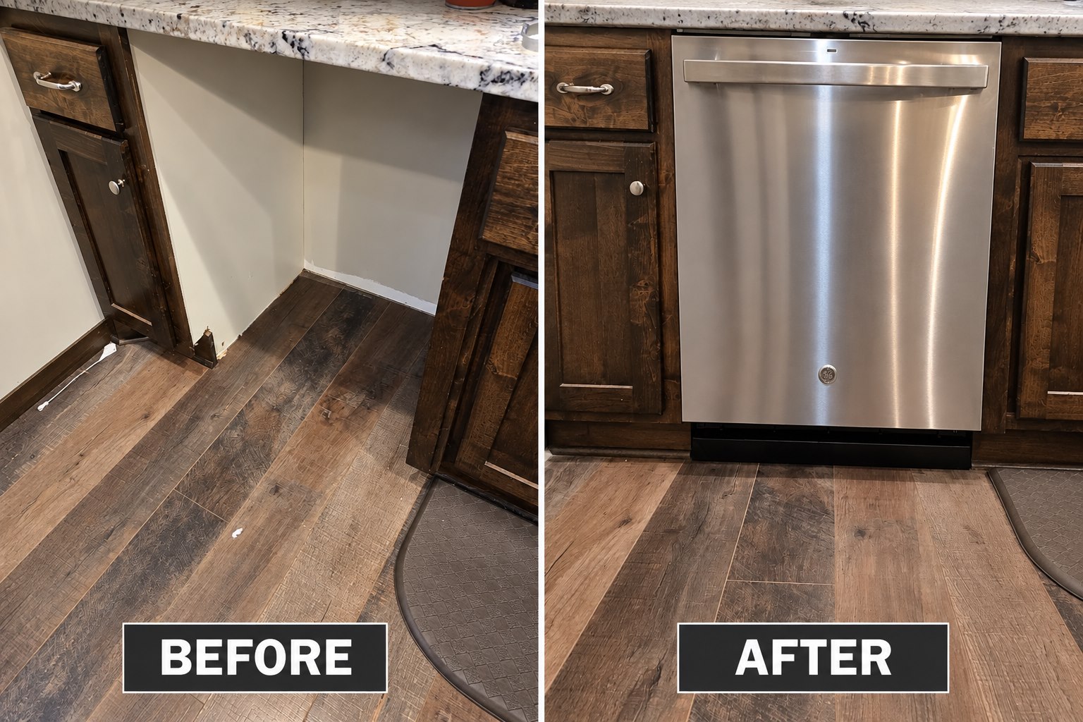 Before and after of a dishwasher installed in a kitchen cabinet opening